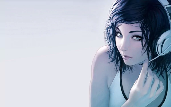 HD desktop wallpaper featuring an individual with expressive eyes wearing headphones, immersed in music. Background is minimalist, enhancing the focus on the person's emotive expression.