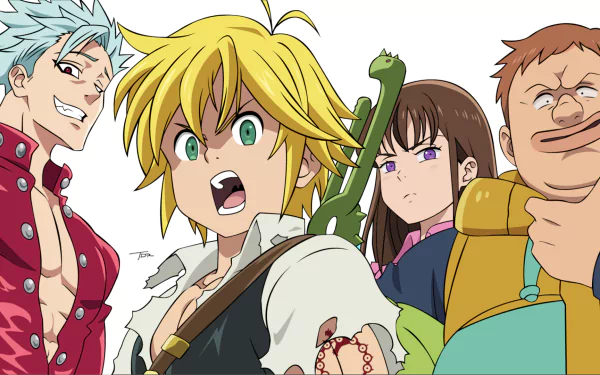 HD wallpaper featuring characters Diane, King, Meliodas, and Ban from The Seven Deadly Sins anime, showcasing their distinct appearances and expressions against a simple background.