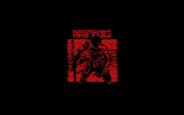 HD anime wallpaper featuring Toyohisa Shimazu from Drifters in a dynamic red and black design on a dark background.