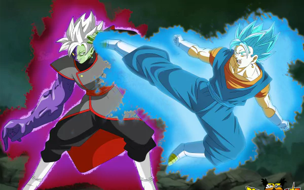 HD desktop wallpaper featuring SSGSS Vegito and Zamasu from Dragon Ball Super in an intense battle scene with vibrant blue and purple auras.