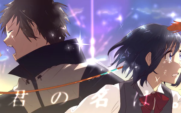 HD anime wallpaper of Taki Tachibana and Mitsuha Miyamizu from Your Name, back-to-back beneath a glowing starry sky, joined by a red braided thread.