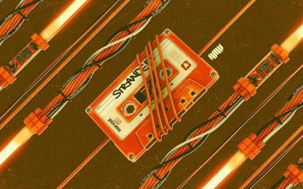 HD PC desktop wallpaper featuring a vintage orange cassette tape labeled Strange, surrounded by glowing neon tubes in a retro music-themed design.