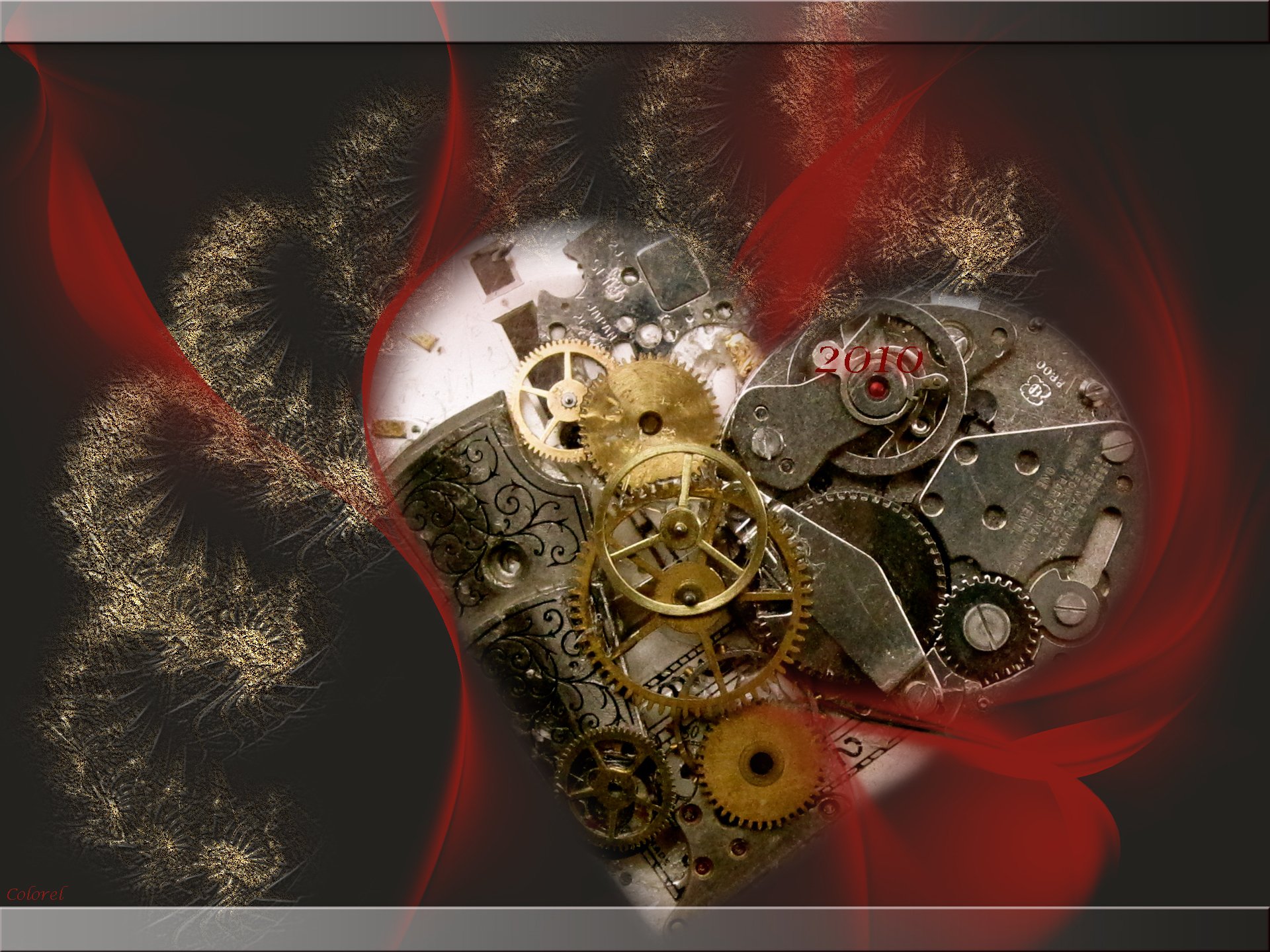 An artistic depiction of a heart made of intricate gears and clockwork elements, set against a backdrop of swirling red and golden sparks. A unique HD wallpaper for your desktop.