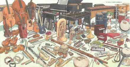 HD anime desktop wallpaper featuring Yotsuba! amidst a detailed collection of various musical instruments in a softly colored, hand-drawn style.