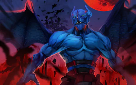 HD PC desktop wallpaper featuring Night Stalker, a blue demon creature from Dota 2, set against a dark red moonlit sky with bats flying in the background.
