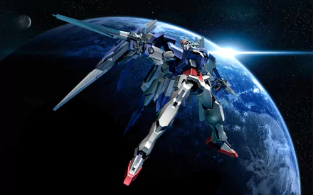 HD PC desktop wallpaper featuring a dynamic Mobile Suit Gundam 00 anime scene with a mech posed against the backdrop of Earth and space.