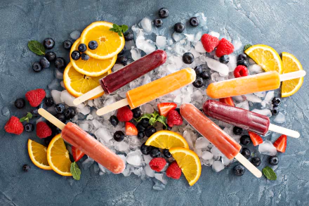Vibrant 4K wallpaper featuring orange, blueberry, and raspberry popsicles with fresh berries, orange slices, and ice cubes on a textured surface.