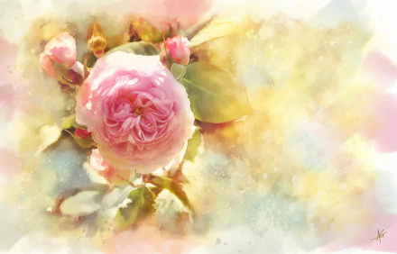 Artistic 5K Ultra HD PC desktop wallpaper of a pink rose blossom and buds, watercolor-like pastel background with soft light and painterly textures.