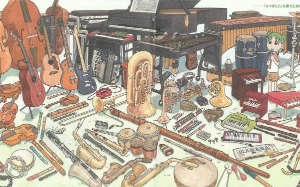 HD anime desktop wallpaper featuring Yotsuba! amidst a detailed collection of various musical instruments in a softly colored, hand-drawn style.