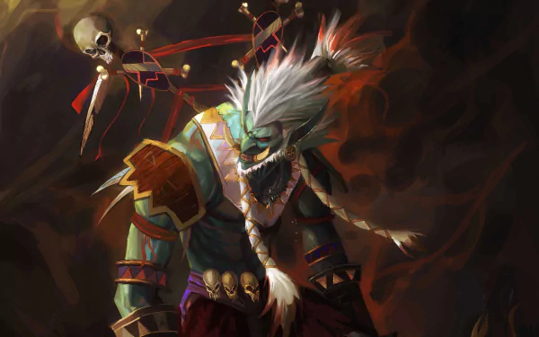 A detailed illustration of a troll shaman from World of Warcraft, featuring vibrant colors and intricate designs, set against a dark, atmospheric background. 4K Ultra HD resolution.