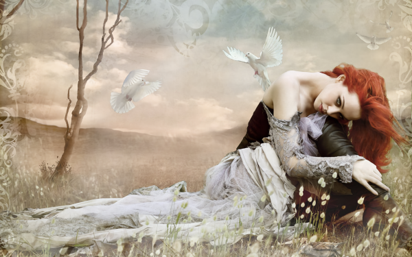 Fantasy Women Redhead Flower Dove HD Wallpaper | Background Image