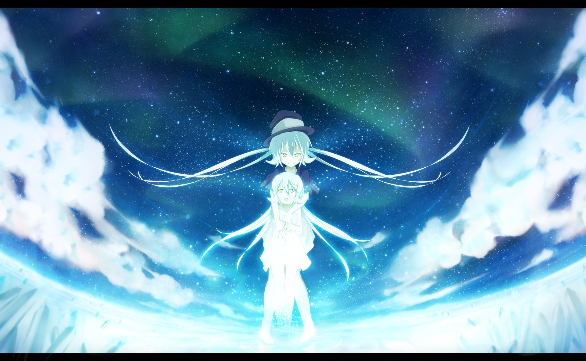 Anime original 4K Ultra HD PC desktop wallpaper: two luminous, ethereal girls—one wearing a hat—stand on icy water beneath a vivid aurora and a star-filled night sky.