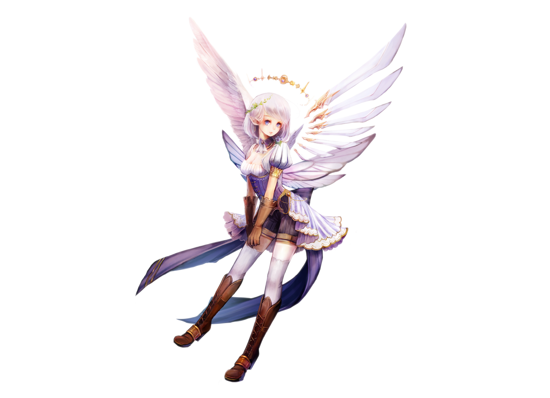 HD anime desktop wallpaper featuring a detailed anime angel with large white wings, golden halo, and a flowing outfit in soft pastel tones.