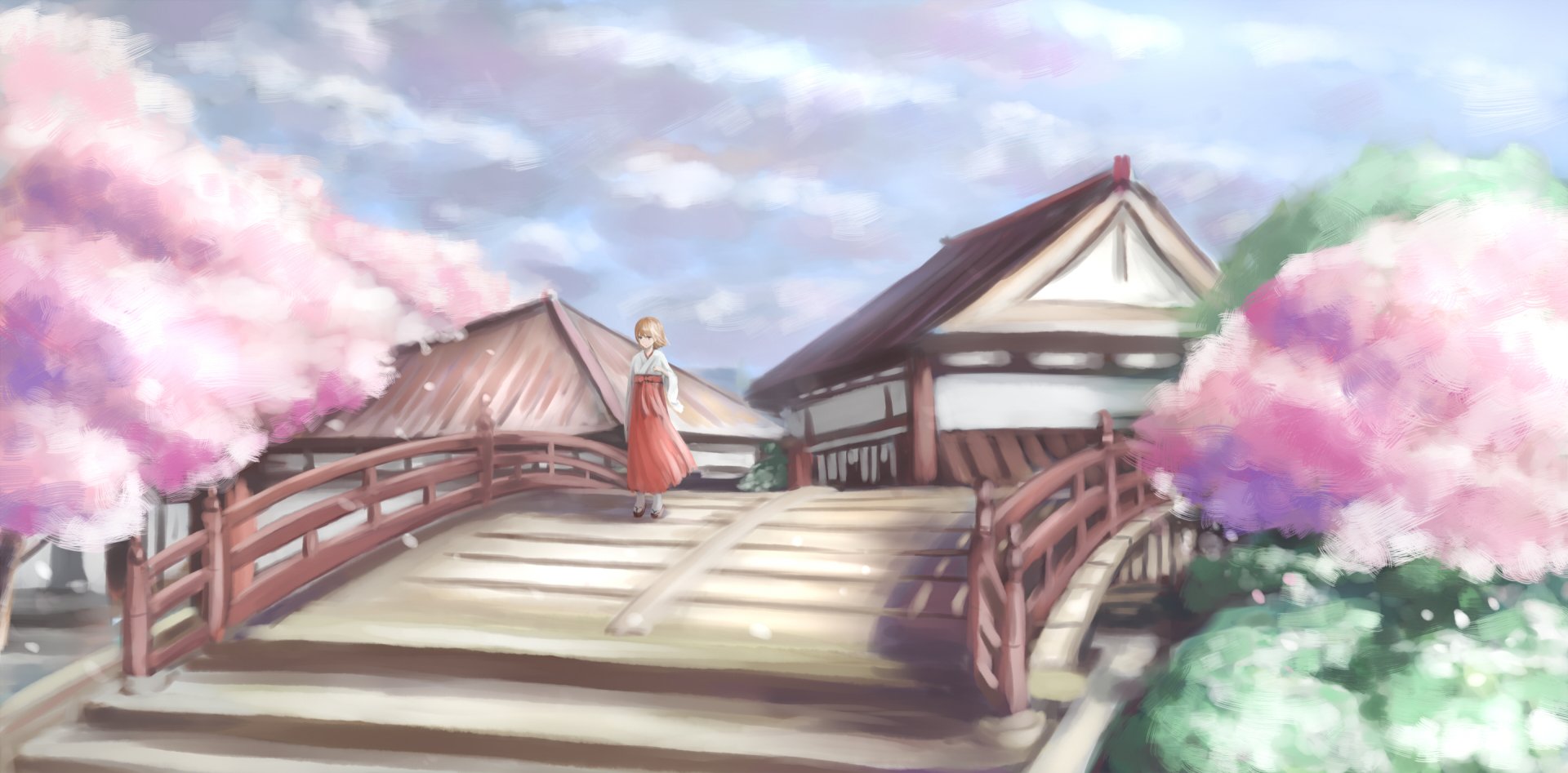 HD anime-style PC desktop wallpaper featuring an original scene with a person standing on a wooden bridge surrounded by cherry blossoms and traditional buildings.