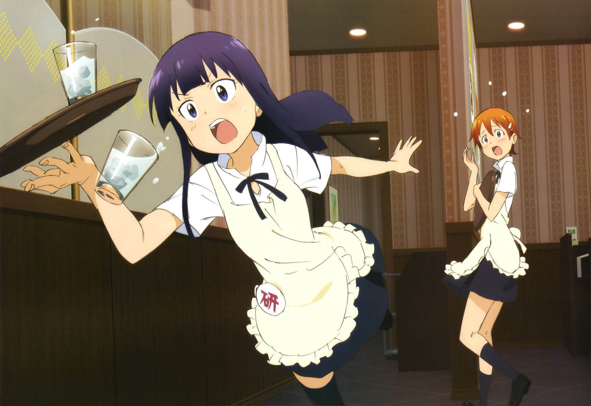 Anime Working!! scene: two startled waitresses in cafe uniforms—one tripping and spilling drinks—vibrant 5K Ultra HD PC desktop wallpaper/background.