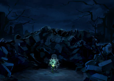 A robot stands amidst a dark, desolate landscape filled with rubble, illuminated by a glowing flower. This original anime artwork creates a haunting night scene. HD desktop wallpaper.