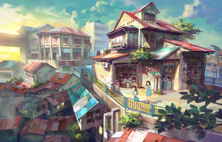 A vibrant anime scene showcasing a colorful shop nestled among rooftops in a bustling town, featuring detailed architecture and two characters enjoying the lively atmosphere.