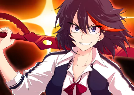 HD desktop wallpaper featuring Ryūko Matoi from the anime Kill La Kill, with her signature two-toned hair and a confident smile, holding a weapon against a dynamic background.
