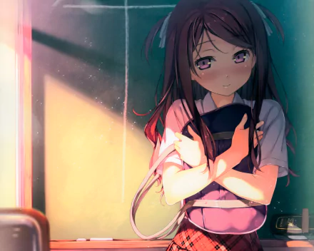 HD desktop wallpaper featuring an anime girl from 5 Nenme no Houkago holding a book with soft sunlight illuminating the room.