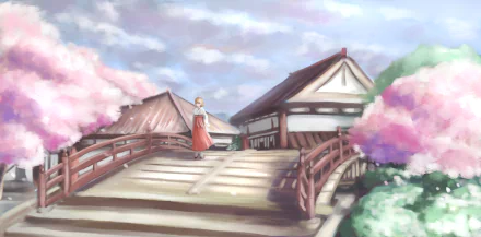 HD anime-style PC desktop wallpaper featuring an original scene with a person standing on a wooden bridge surrounded by cherry blossoms and traditional buildings.