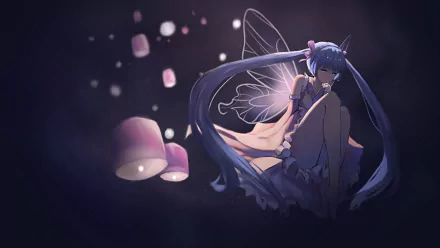 HD anime desktop wallpaper featuring Hatsune Miku with butterfly wings, ethereal lighting, and floating lanterns, capturing the Vocaloid character's enchanting presence.