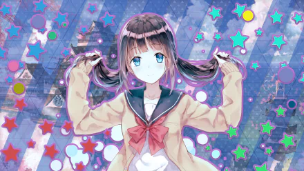HD anime-style original desktop wallpaper featuring a girl with blue eyes and dark hair in a school uniform against a vibrant, starry background with colorful accents.