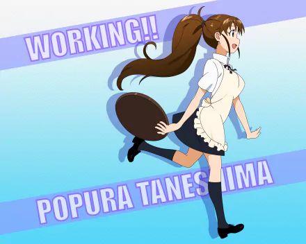 HD PC desktop wallpaper background of Popura Taneshima from the anime Working!!, smiling in a cafe maid outfit mid-jump against a blue backdrop with bold WORKING!! text.