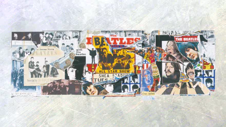 HD desktop wallpaper collage featuring John Lennon, Paul McCartney, George Harrison, and Ringo Starr with iconic Beatles records and music memorabilia.