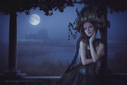 A fantasy 4K Ultra HD desktop wallpaper depicting a woman in elaborate attire leaning against ancient columns under a glowing full moon at night.