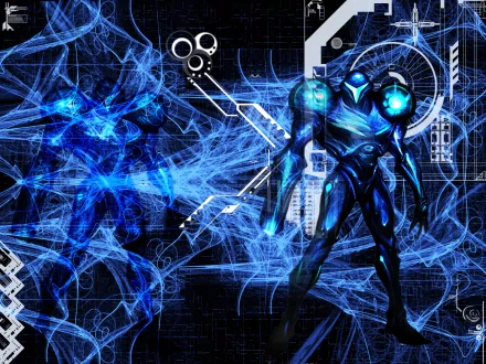 HD desktop wallpaper featuring a Metroid theme, showcasing a vividly detailed, futuristic character design intertwined with abstract blue and black graphics.