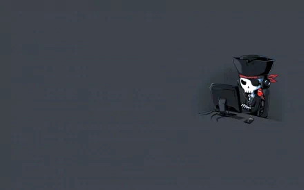 HD desktop wallpaper featuring a cartoon hacker with a pirate hat and eyepatch, seated at a computer. Tags: technology, hacker.