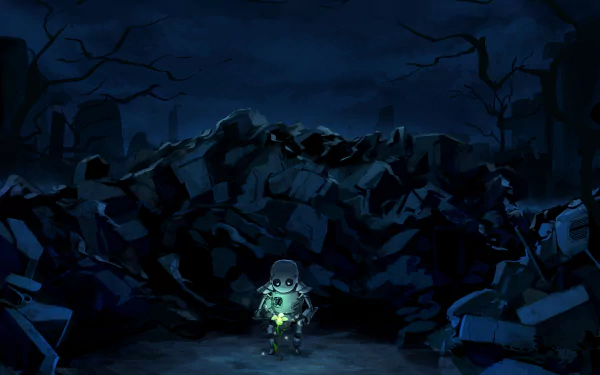 A robot stands amidst a dark, desolate landscape filled with rubble, illuminated by a glowing flower. This original anime artwork creates a haunting night scene. HD desktop wallpaper.