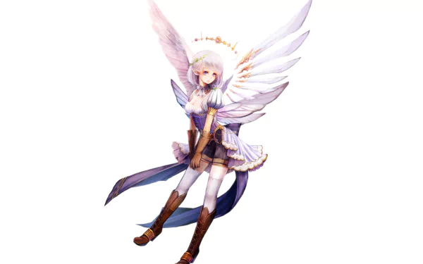 HD anime desktop wallpaper featuring a detailed anime angel with large white wings, golden halo, and a flowing outfit in soft pastel tones.