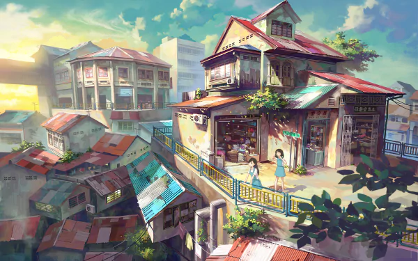 A vibrant anime scene showcasing a colorful shop nestled among rooftops in a bustling town, featuring detailed architecture and two characters enjoying the lively atmosphere.