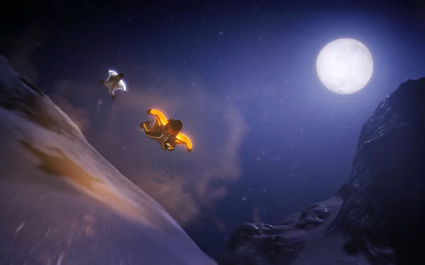 HD PC desktop wallpaper from the video game Steep, featuring night skydiving with two figures flying near a mountain under a bright full moon.