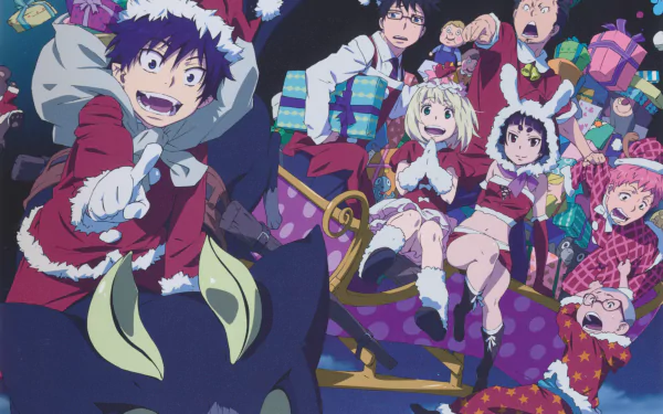 Anime-themed Blue Exorcist characters dressed in festive attire ride a sleigh, captured in vibrant 4K Ultra HD quality for a PC desktop wallpaper.