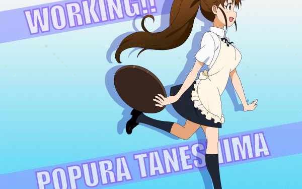 HD PC desktop wallpaper background of Popura Taneshima from the anime Working!!, smiling in a cafe maid outfit mid-jump against a blue backdrop with bold WORKING!! text.