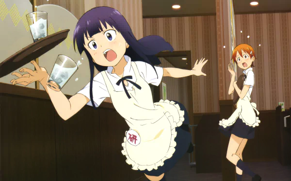 Anime Working!! scene: two startled waitresses in cafe uniforms—one tripping and spilling drinks—vibrant 5K Ultra HD PC desktop wallpaper/background.
