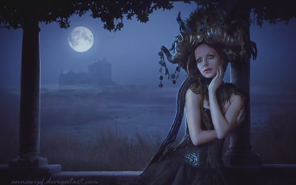 A fantasy 4K Ultra HD desktop wallpaper depicting a woman in elaborate attire leaning against ancient columns under a glowing full moon at night.