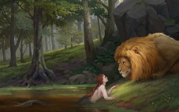 Fantasy Mermaid Pond Lion Forest HD Wallpaper | Background Image