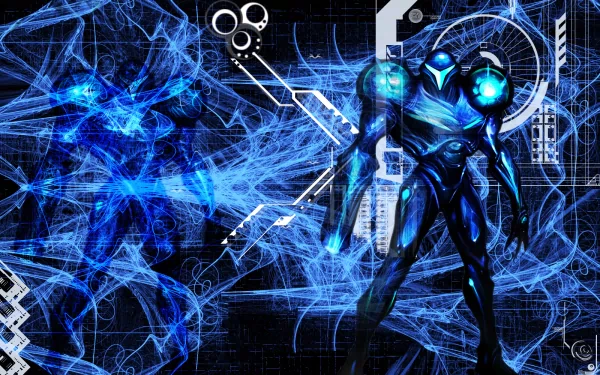 HD desktop wallpaper featuring a Metroid theme, showcasing a vividly detailed, futuristic character design intertwined with abstract blue and black graphics.