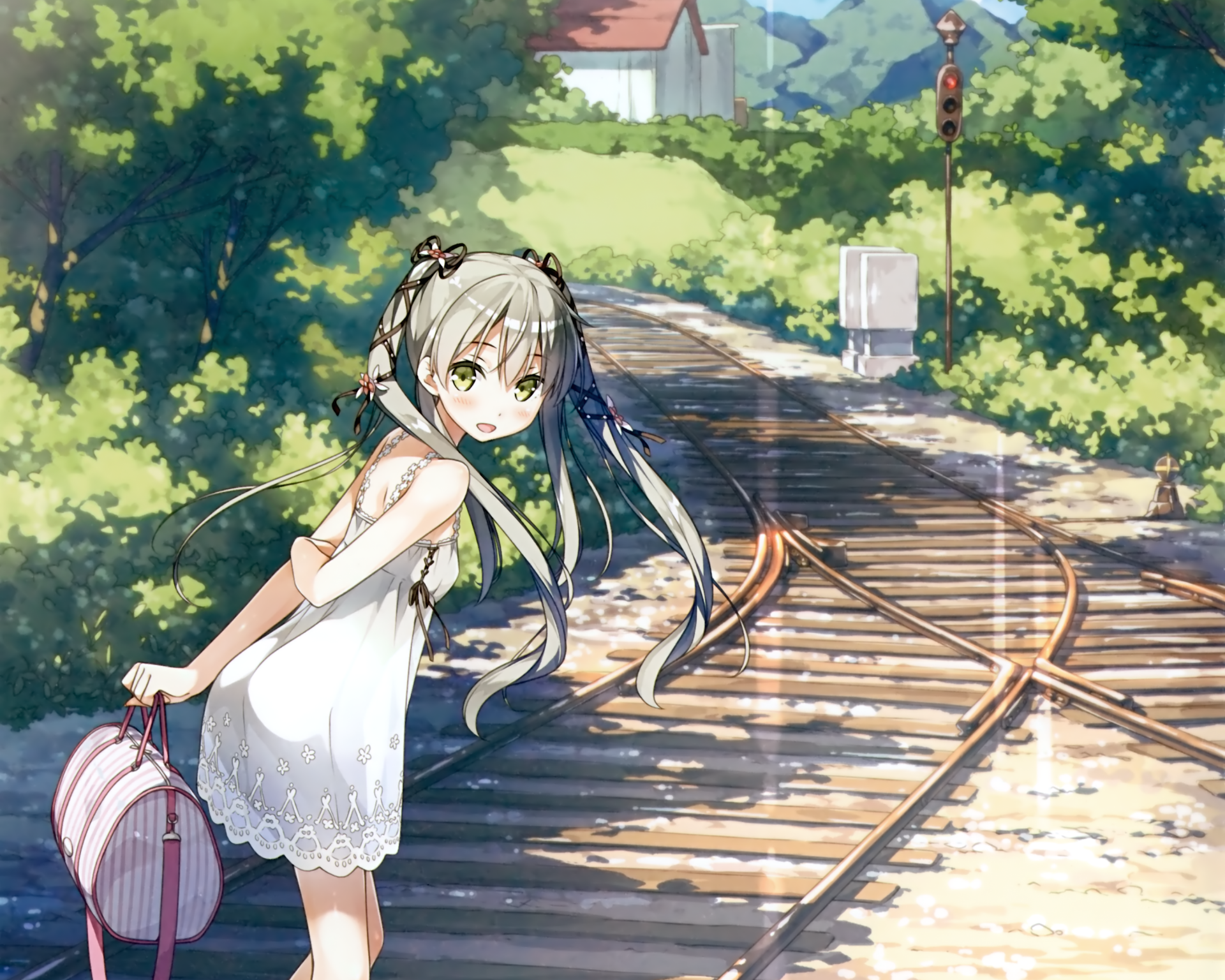 Anime character from '5 Nenme no Houkago' stands by a railway track in a lush, green forest. The image serves as an HD desktop wallpaper and background.
