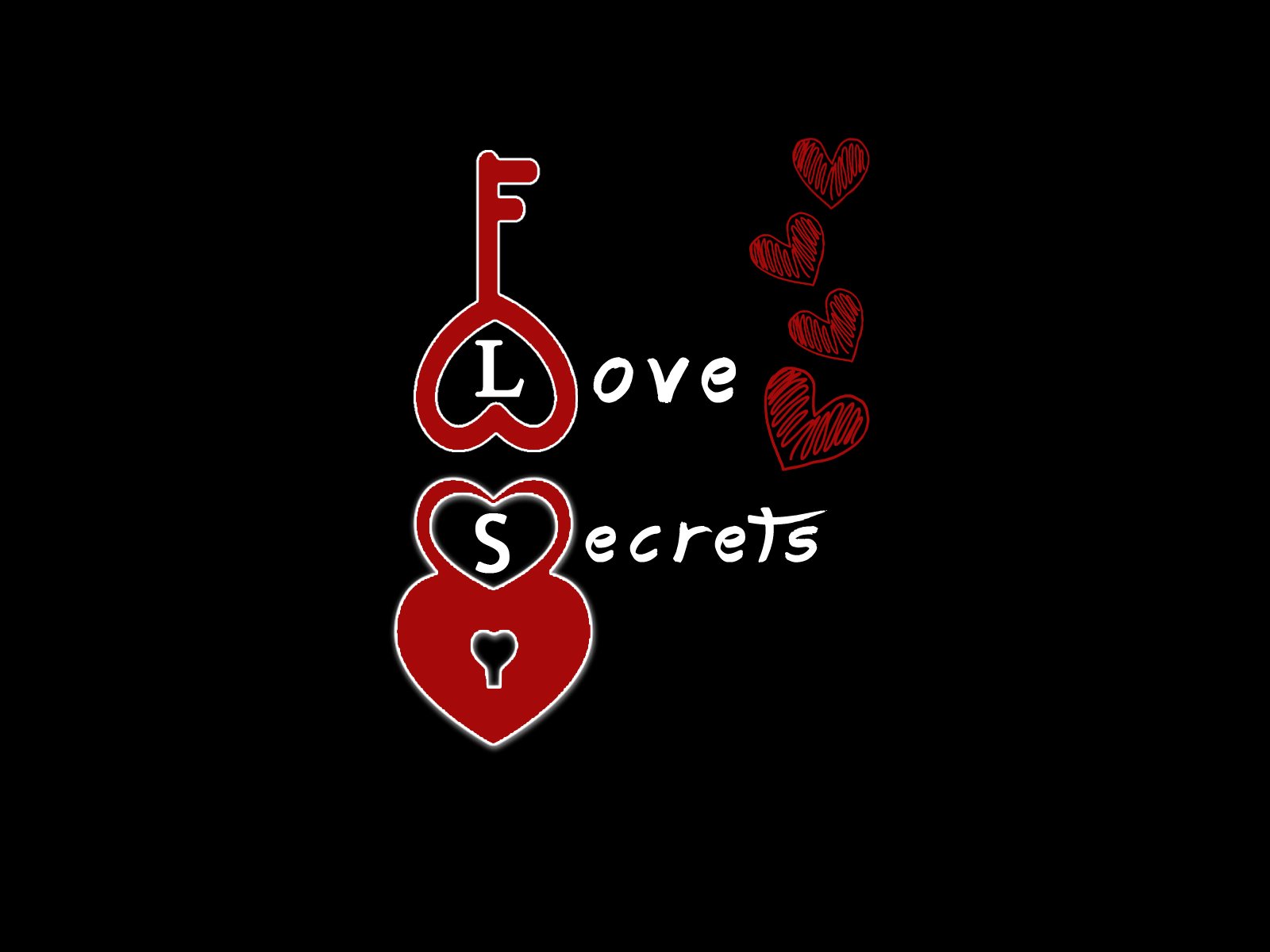 HD desktop wallpaper featuring an artistic red key and lock with the words Love Secrets and heart symbols against a black background. Tags: red, key, lock, artistic, love.