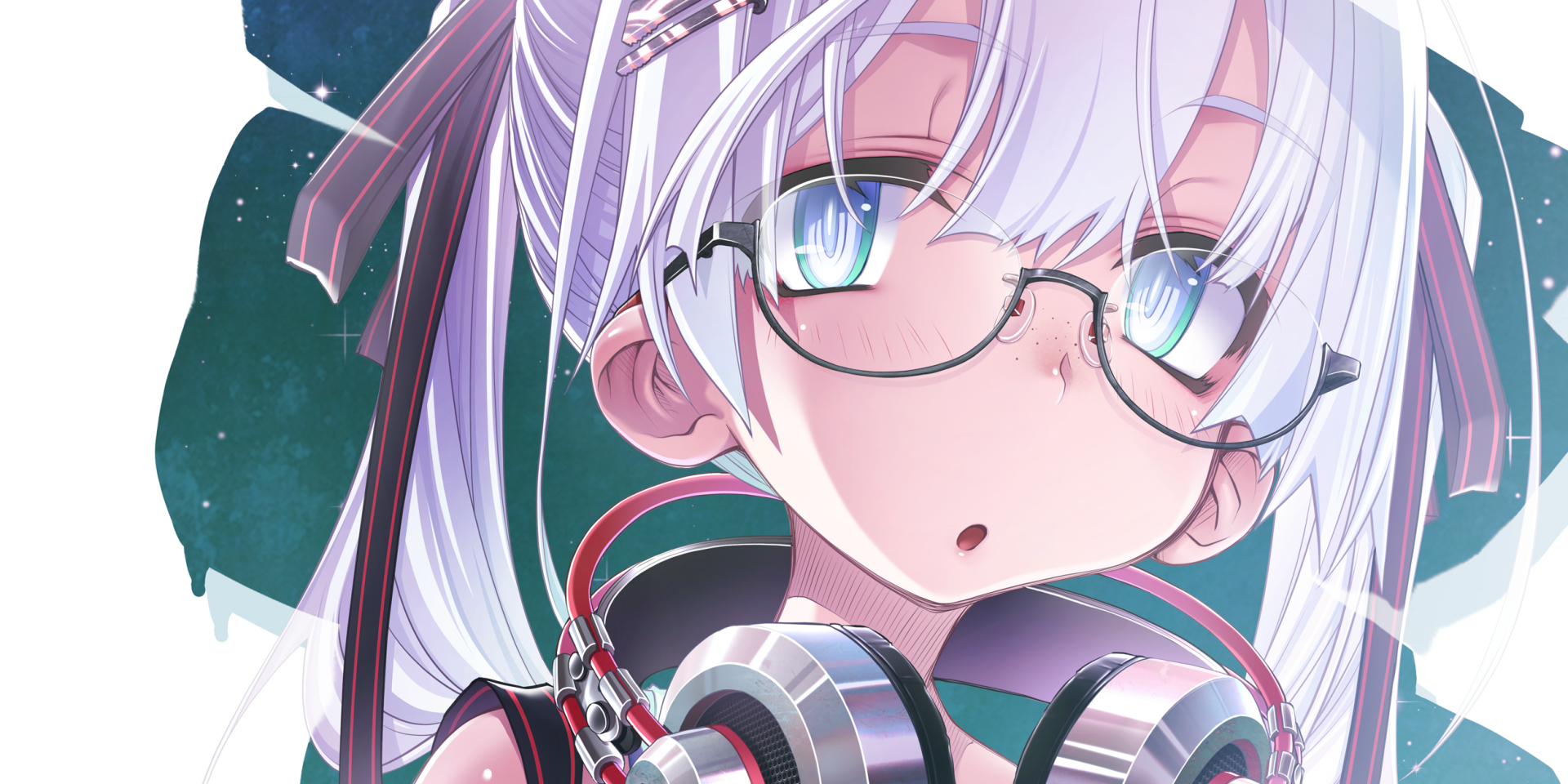 HD anime-style original artwork of a white-haired girl with glasses and headphones, designed as a vibrant PC desktop wallpaper.