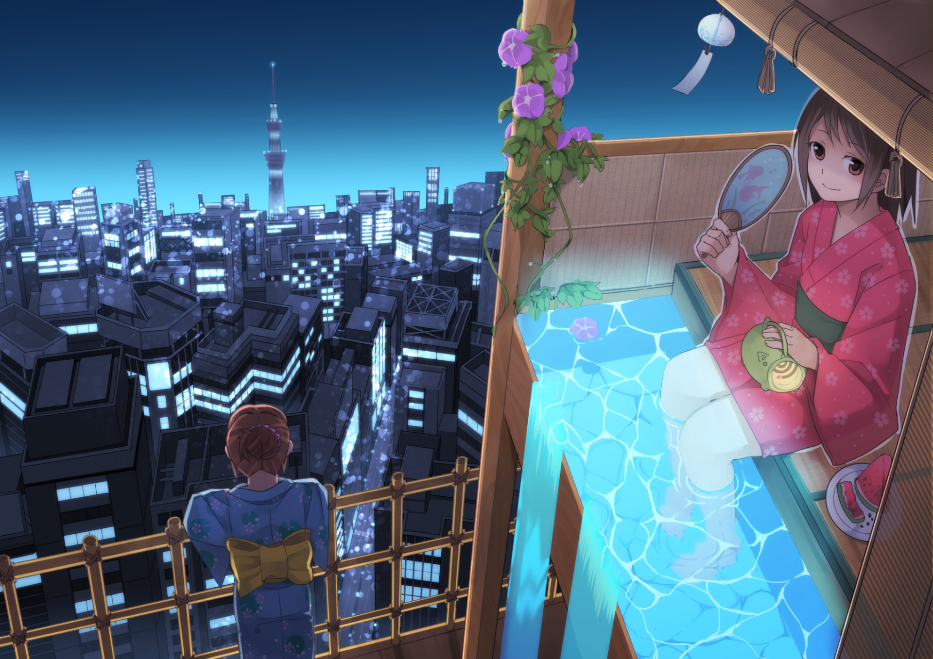 Anime original HD PC desktop wallpaper: rooftop night scene with a girl in a yukata relaxing in a glowing rooftop tub while a boy sits on the railing, overlooking a neon-lit city skyline.