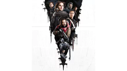 HD desktop wallpaper from Rogue One: A Star Wars Story, featuring a vertical arrangement of main characters against a white background.