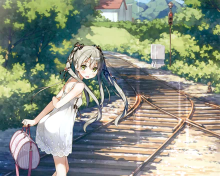 Anime character from '5 Nenme no Houkago' stands by a railway track in a lush, green forest. The image serves as an HD desktop wallpaper and background.