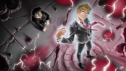 4K Ultra HD wallpaper featuring Arataka Reigen and Shigeo Kageyama from the anime Mob Psycho 100, showcasing dynamic lightning and cracked ground effects.