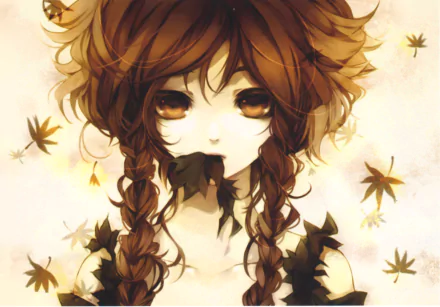 Sepia-toned anime-style portrait of a girl with braided hair surrounded by falling leaves, rendered in 4K Ultra HD as an original PC desktop wallpaper.