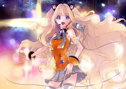 HD anime desktop wallpaper featuring SeeU, a Vocaloid character, with long flowing blonde hair, vibrant orange outfit, and a dynamic glowing background.